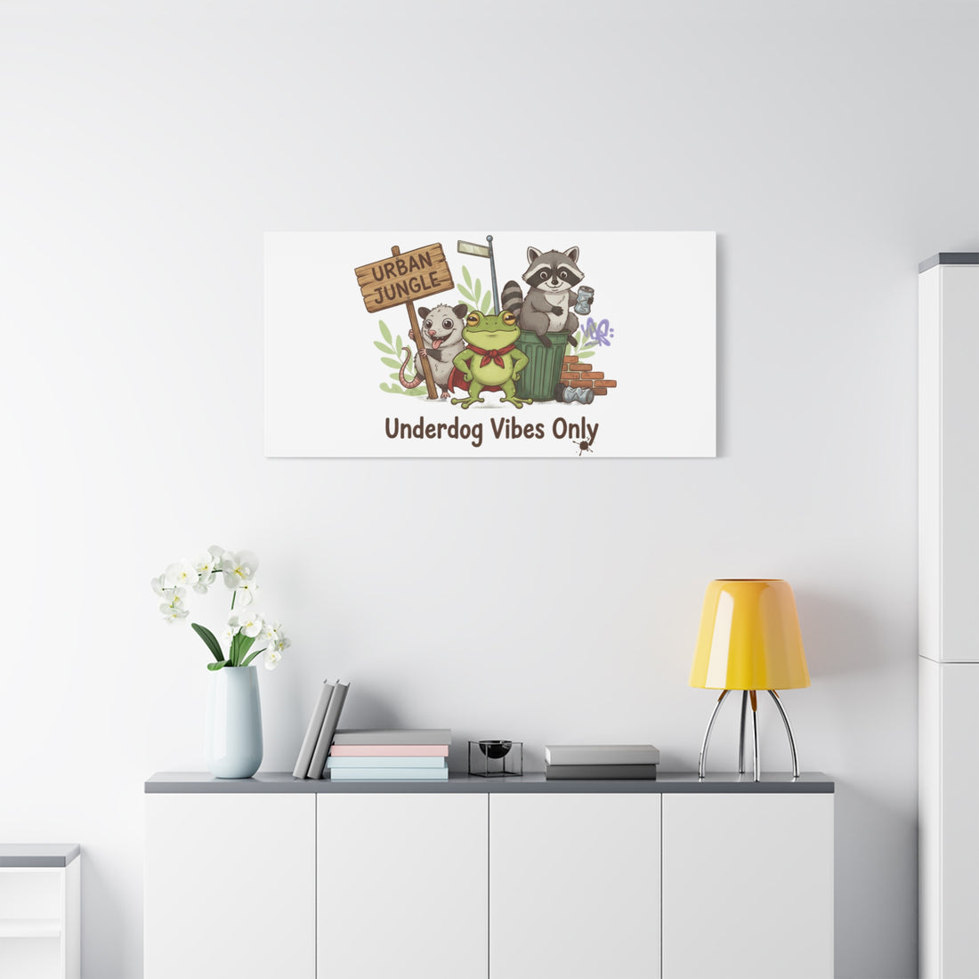 Underdog Vibes Only Canvas | Trash Panda Raccoon Frog Possum Art, goofy critter meme