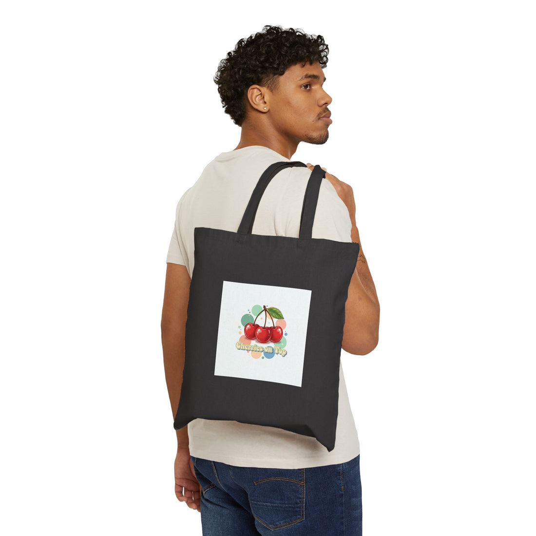 Cherry Motif Canvas Tote, vintage cherry fruit print, kawaii retro design