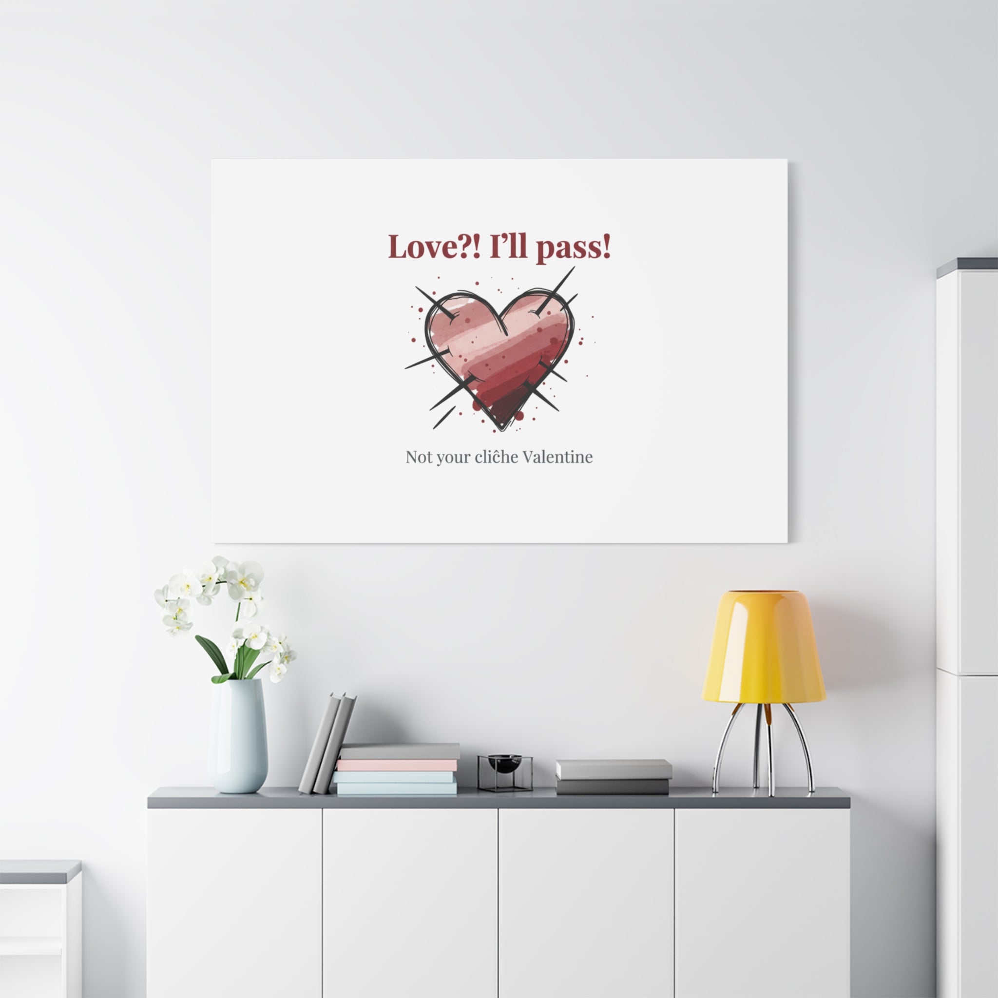 Love?! I'll Pass Canvas, Hearts‑with‑a‑Twist anti‑Valentine wall art