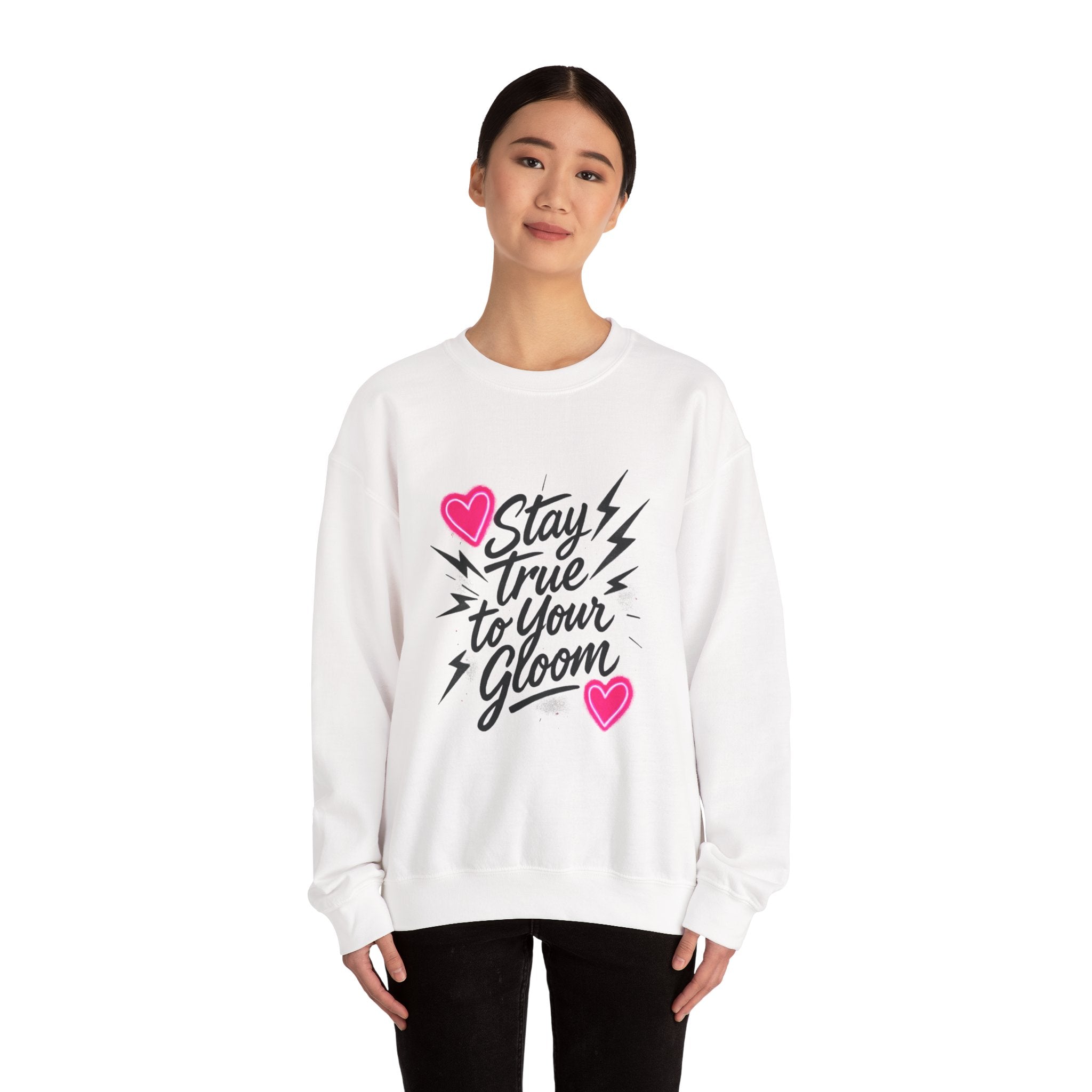 Crewneck Sweatshirt — "Stay True to Your Gloom" Pink Heart Graphic
