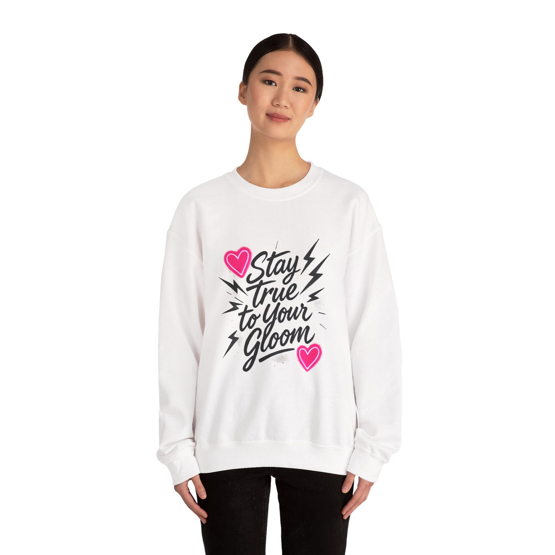 Crewneck Sweatshirt — "Stay True to Your Gloom" Pink Heart Graphic