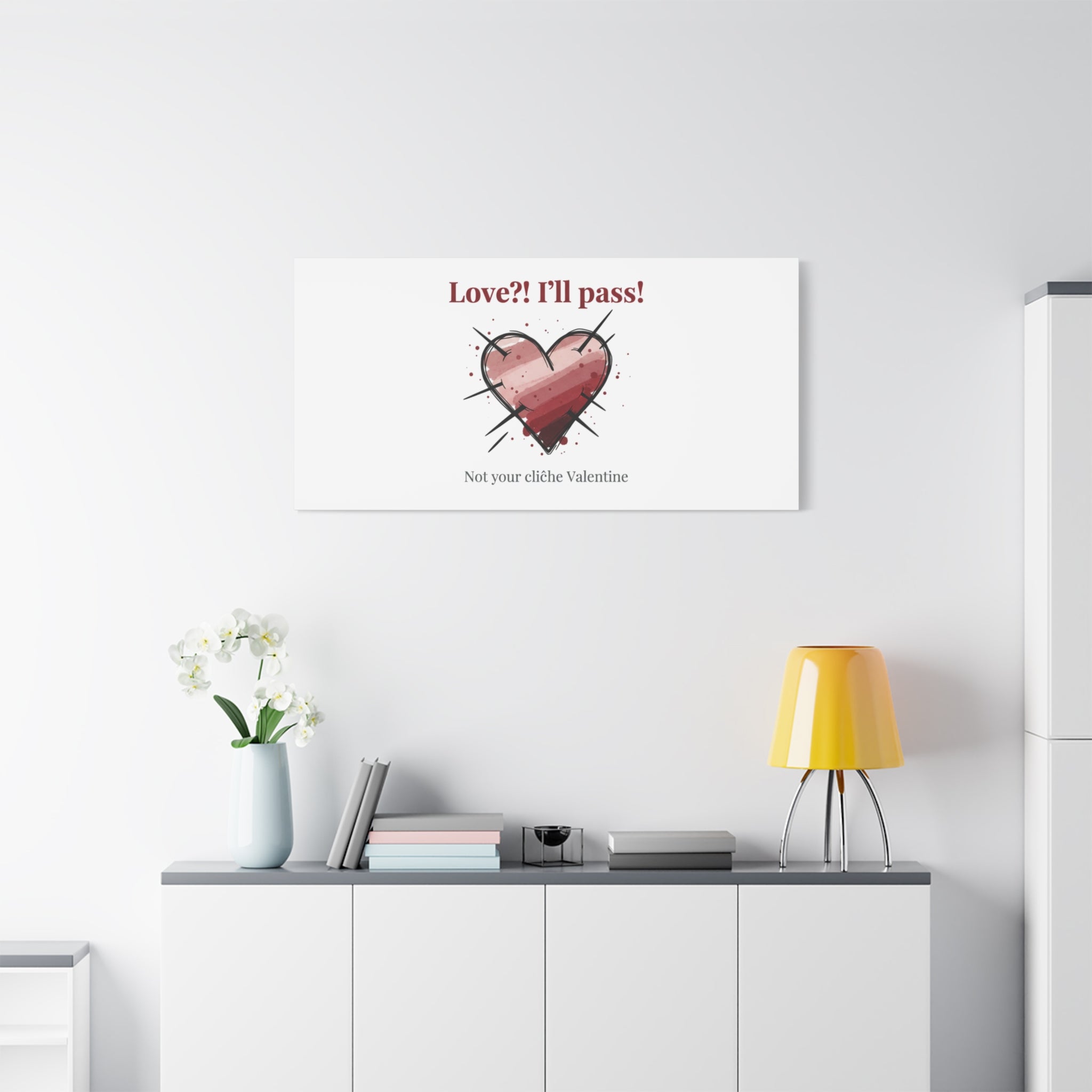 Love?! I'll Pass Canvas, Hearts‑with‑a‑Twist anti‑Valentine wall art