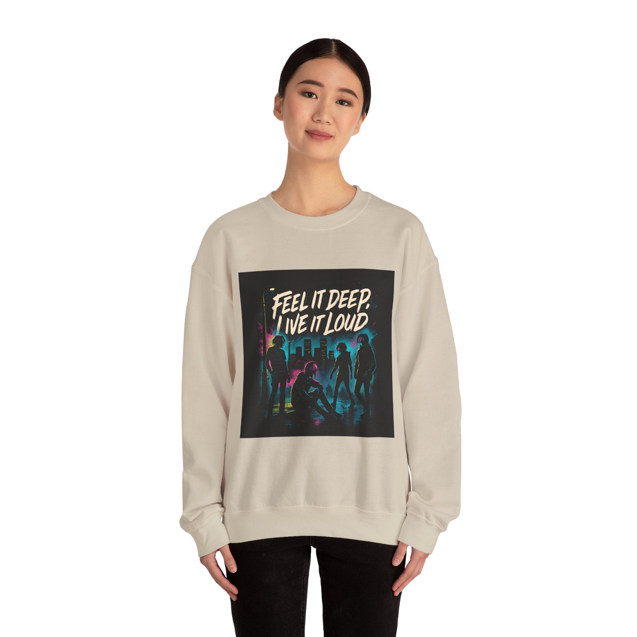 Crewneck Sweatshirt — "Feel It Deep, Live It Loud" Neon Concert Graphic