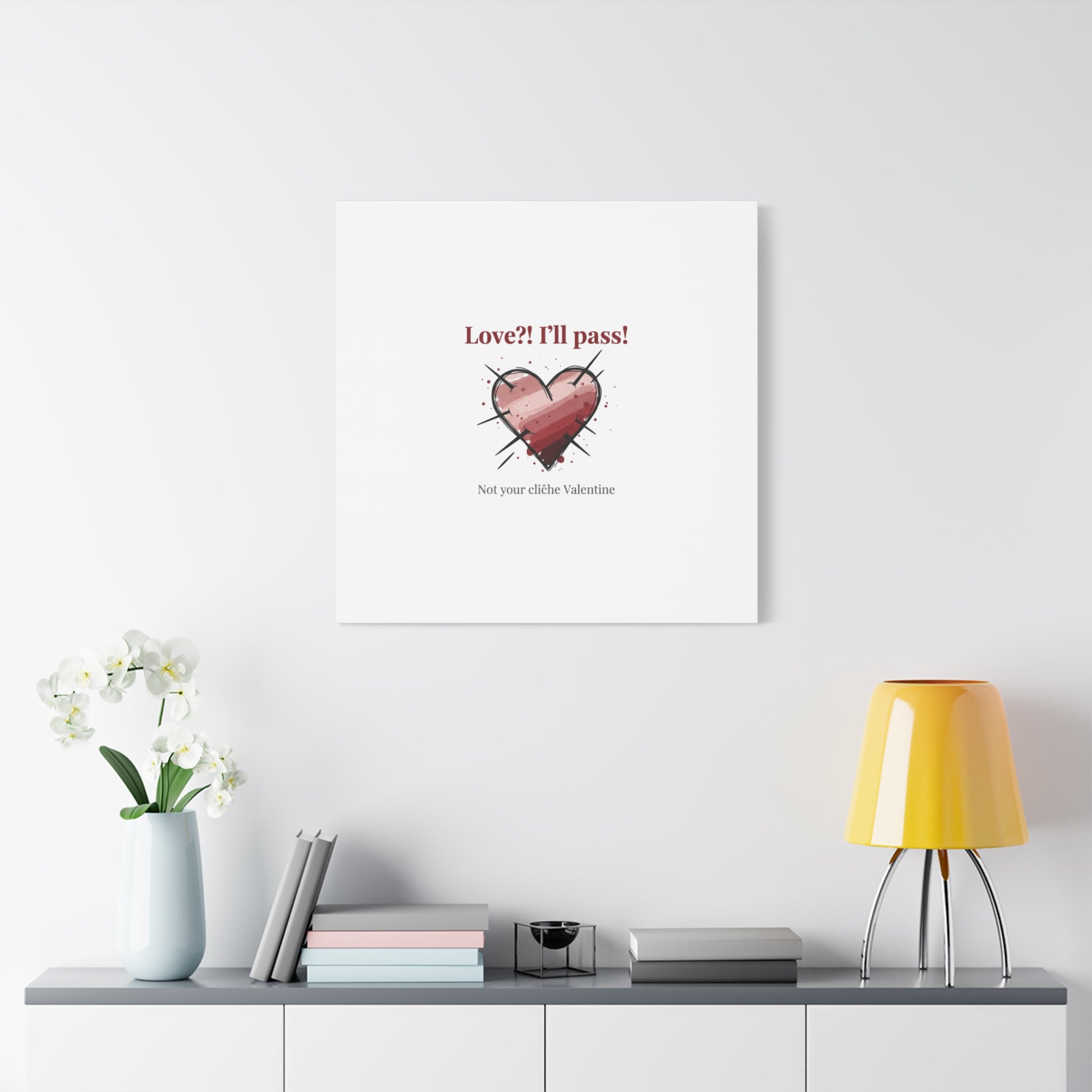 Love?! I'll Pass Canvas, Hearts‑with‑a‑Twist anti‑Valentine wall art