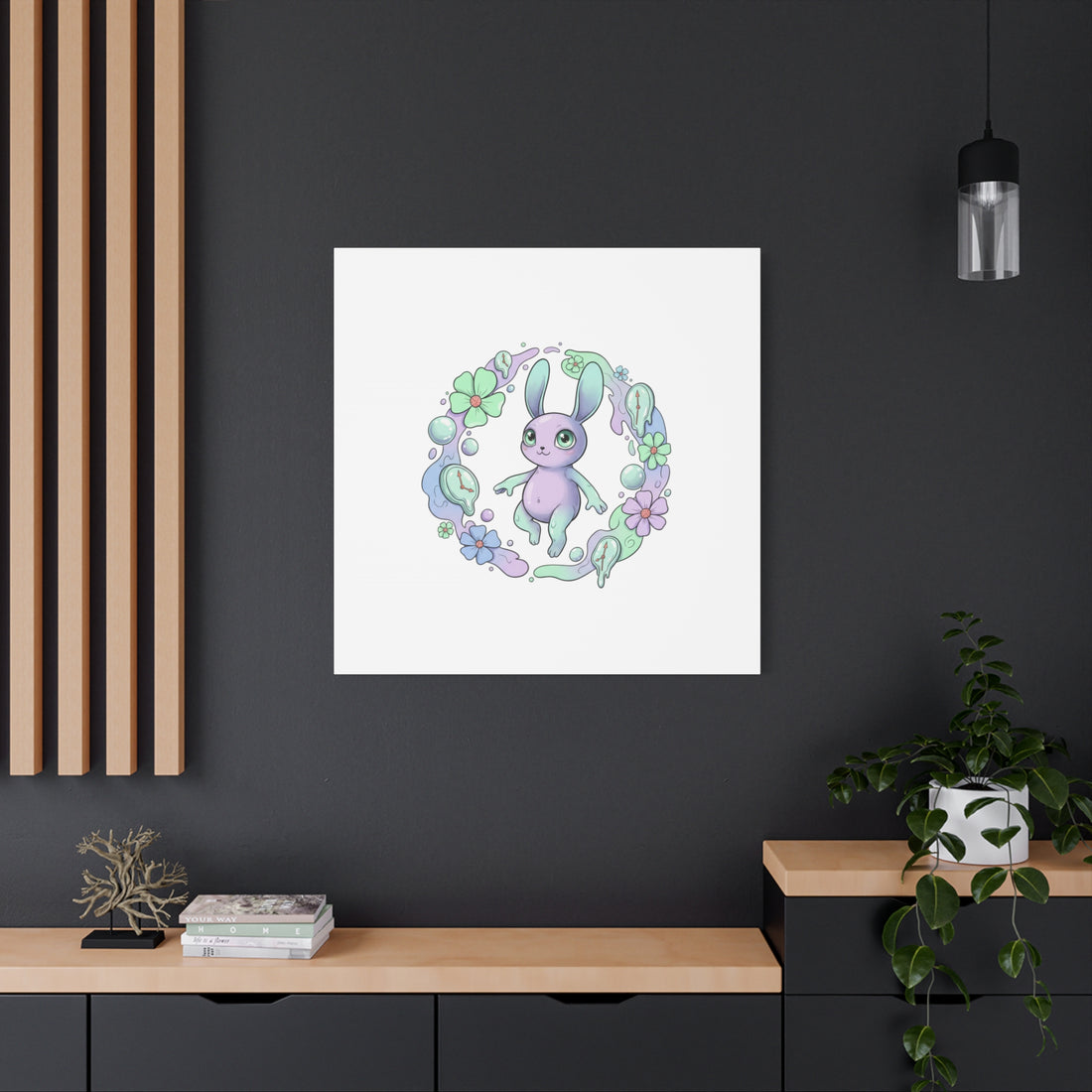 Micro-Surreal Bunny Wreath Canvas | Weirdcore Micro-Surrealism Art