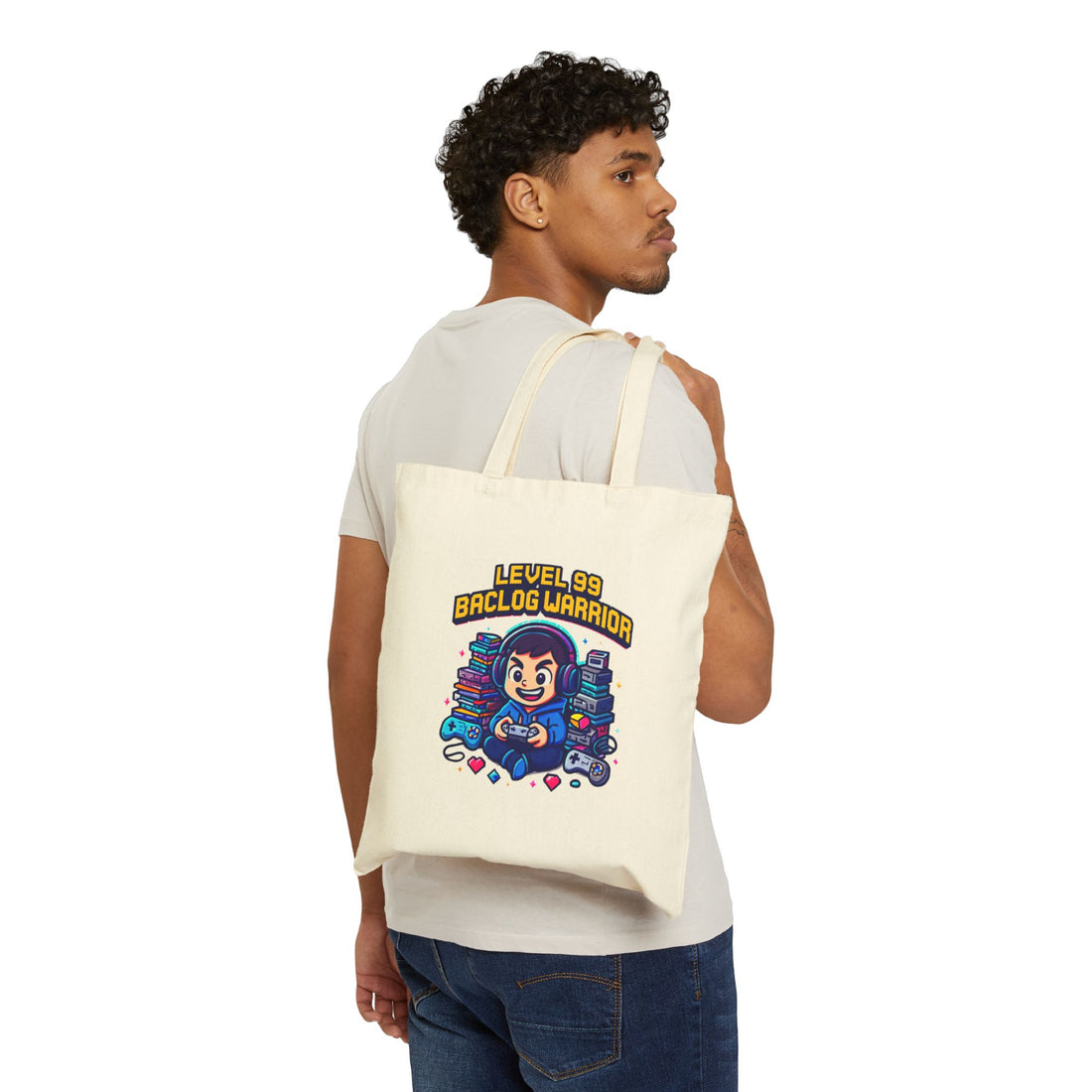 Tote Bag — “Level 99 Baclog Warrior” Gamer Canvas Tote (Cute Retro Arcade Design)