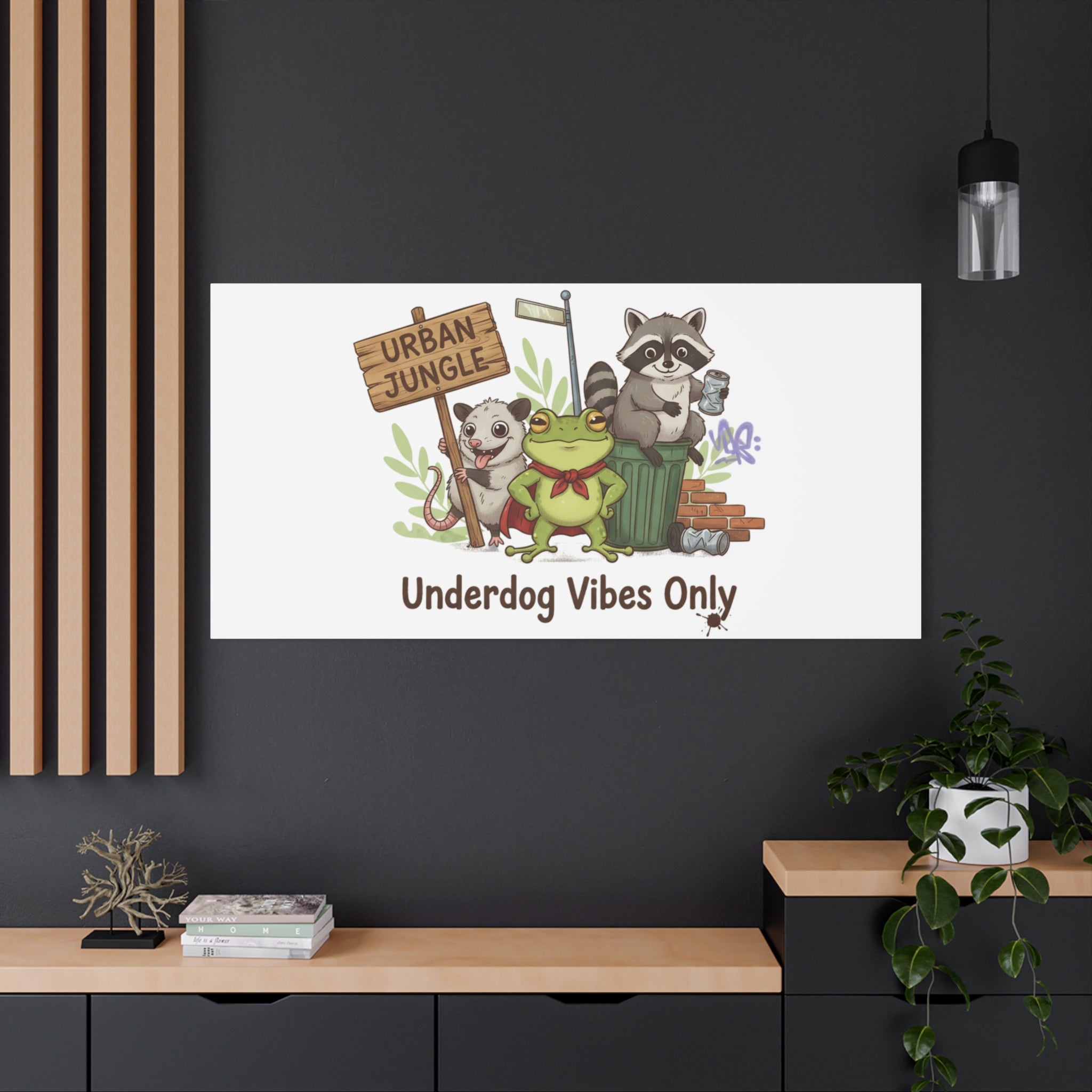 Underdog Vibes Only Canvas | Trash Panda Raccoon Frog Possum Art, goofy critter meme