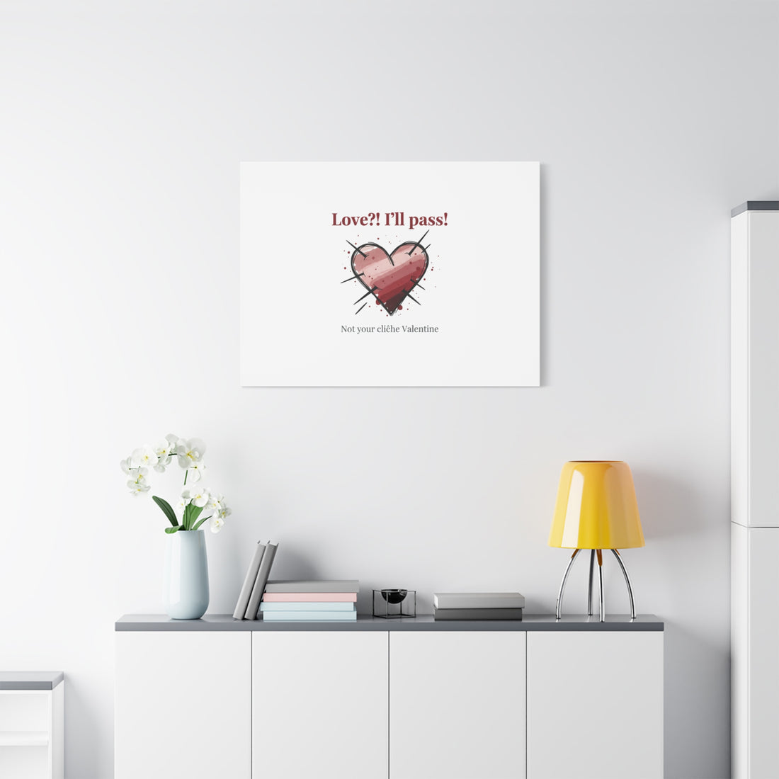 Love?! I'll Pass Canvas, Hearts‑with‑a‑Twist anti‑Valentine wall art