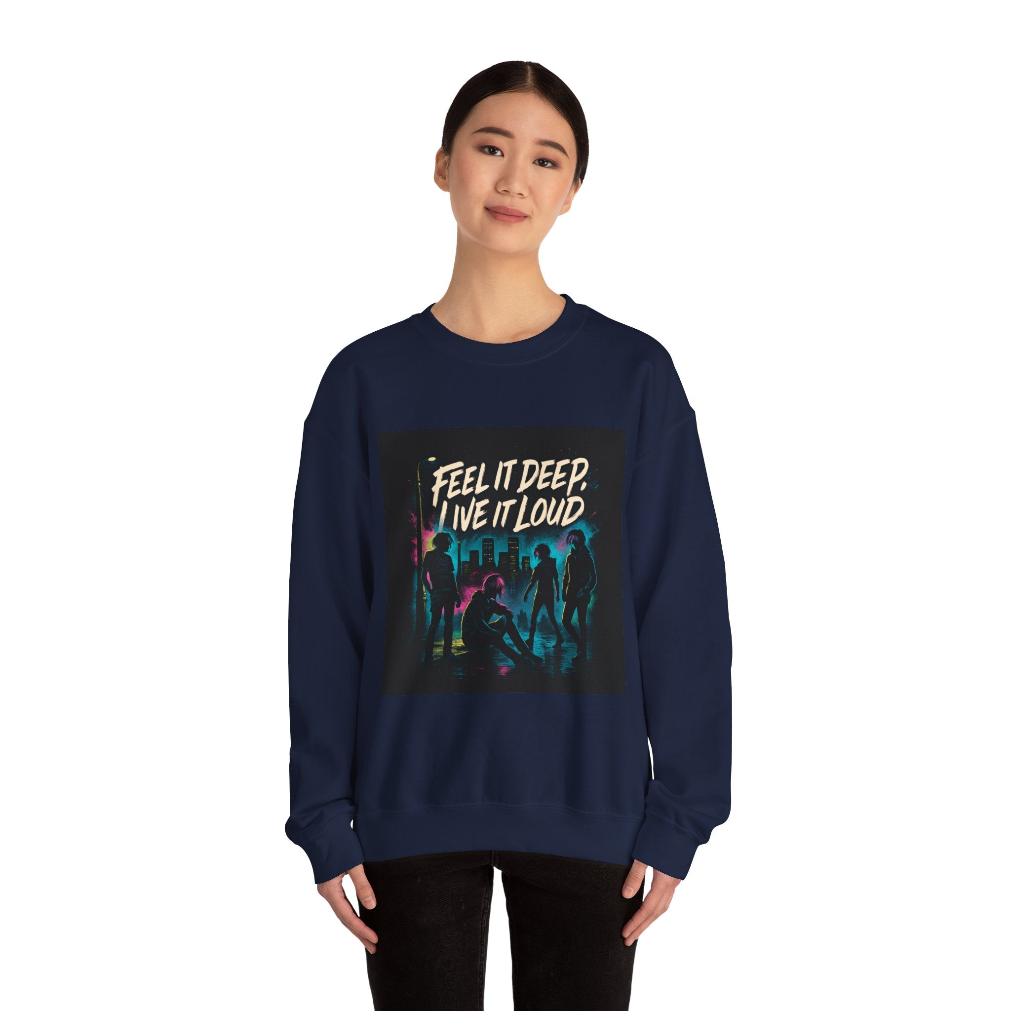 Crewneck Sweatshirt — "Feel It Deep, Live It Loud" Neon Concert Graphic