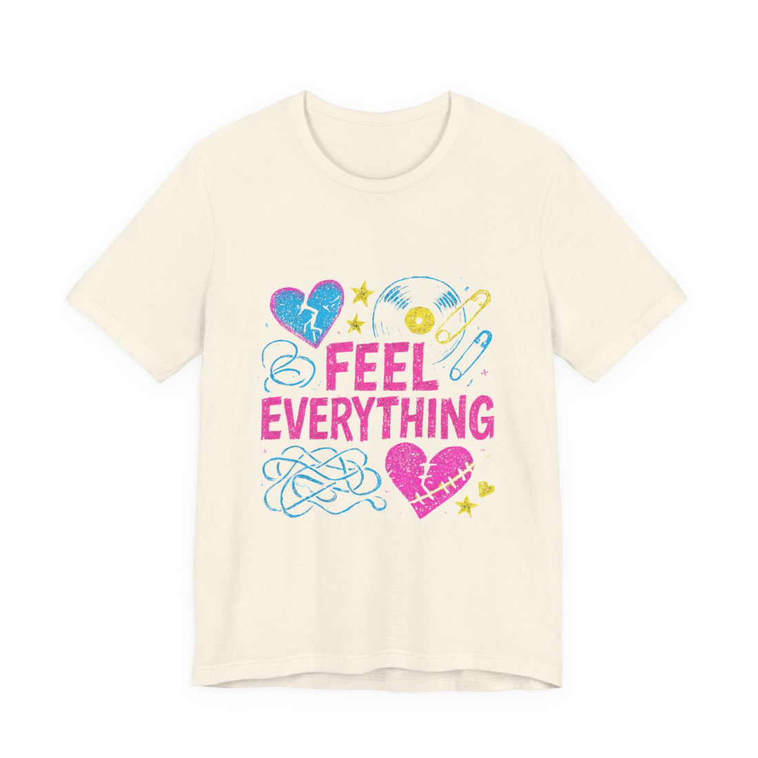 Feel Everything Graphic Tee — Retro Pastel Hearts & Emo Vibes
