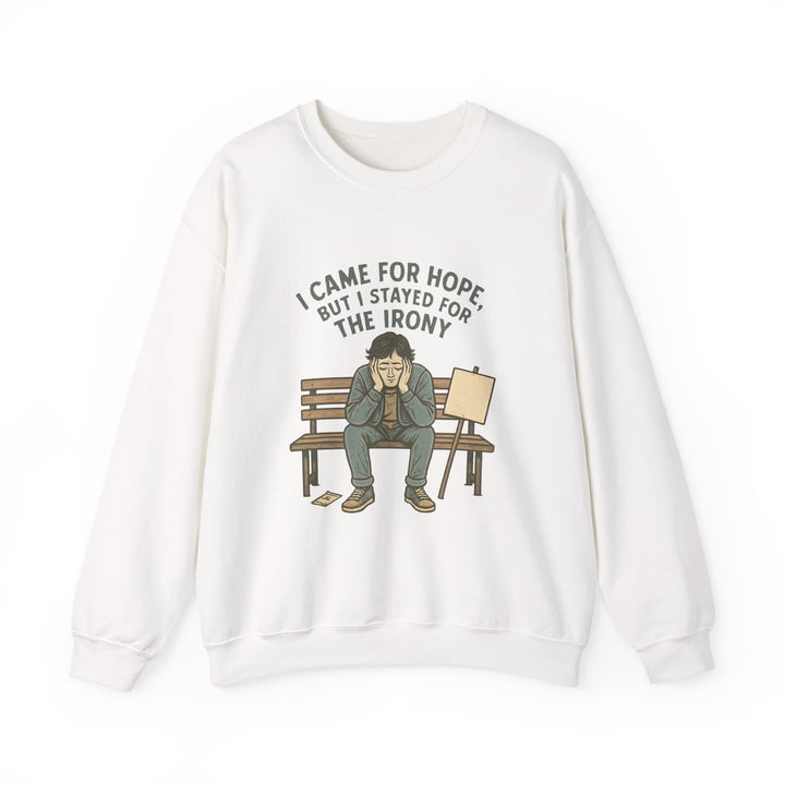 Crewneck Sweatshirt – “I Came for Hope but I Stayed for the Irony” Sad Bench Illustration