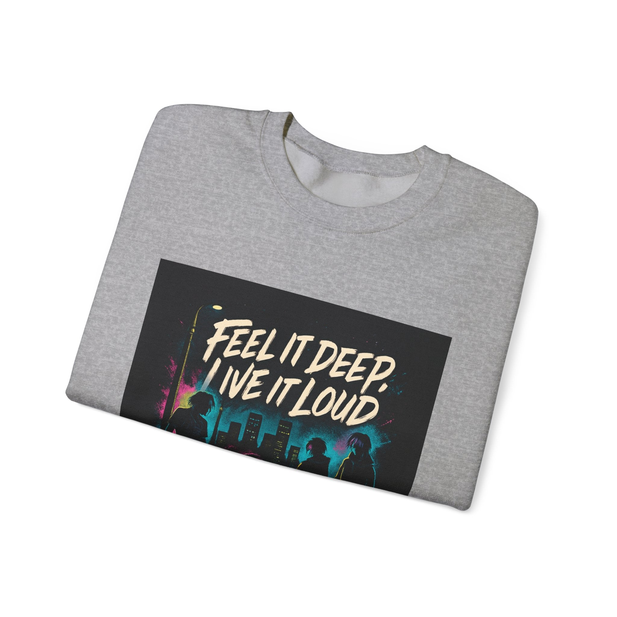 Crewneck Sweatshirt — "Feel It Deep, Live It Loud" Neon Concert Graphic