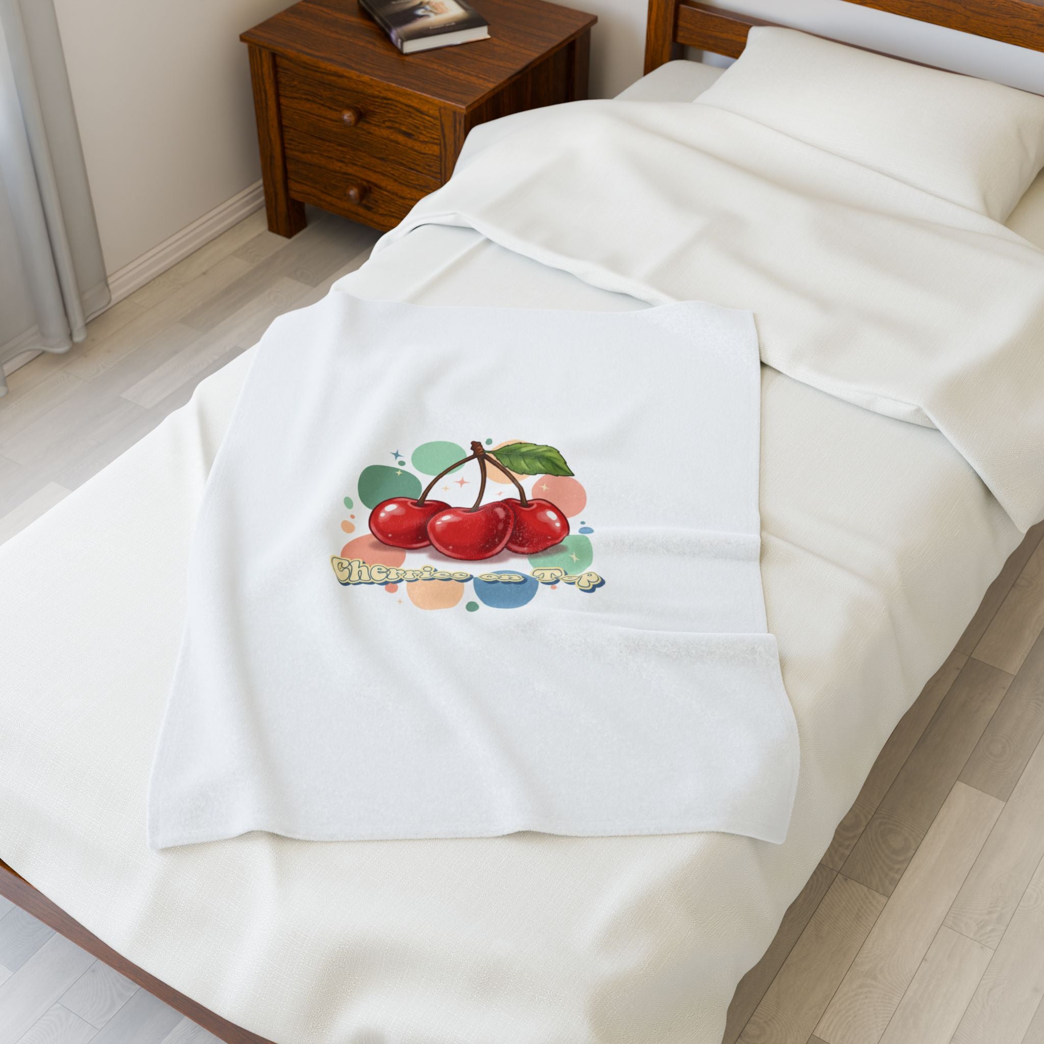Cherry Cluster Plush Blanket | Retro Kawaii Fruit Motif