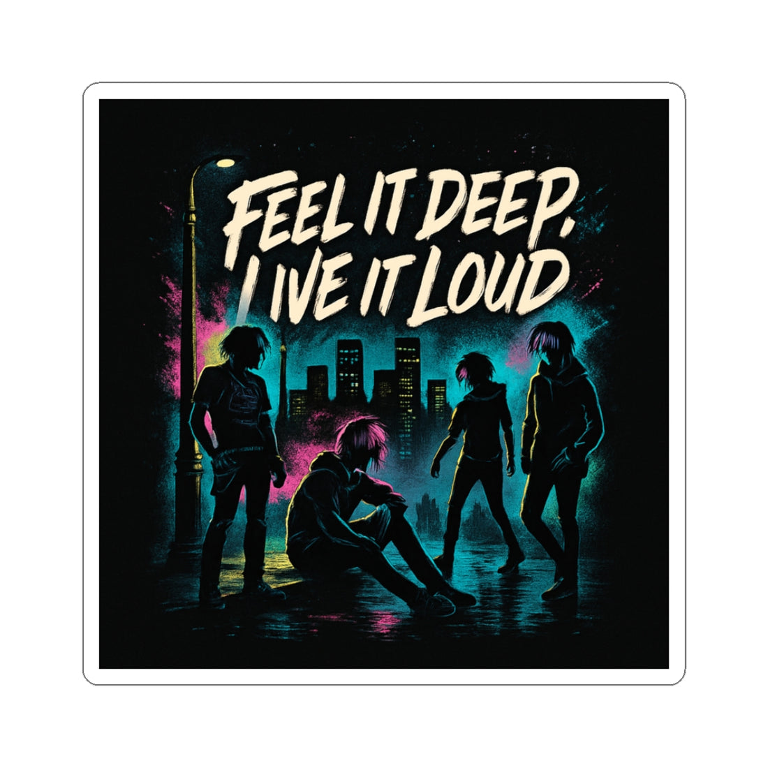 Feel It Deep, Live It Loud Sticker — Retro Neon Band Kiss-Cut Sticker