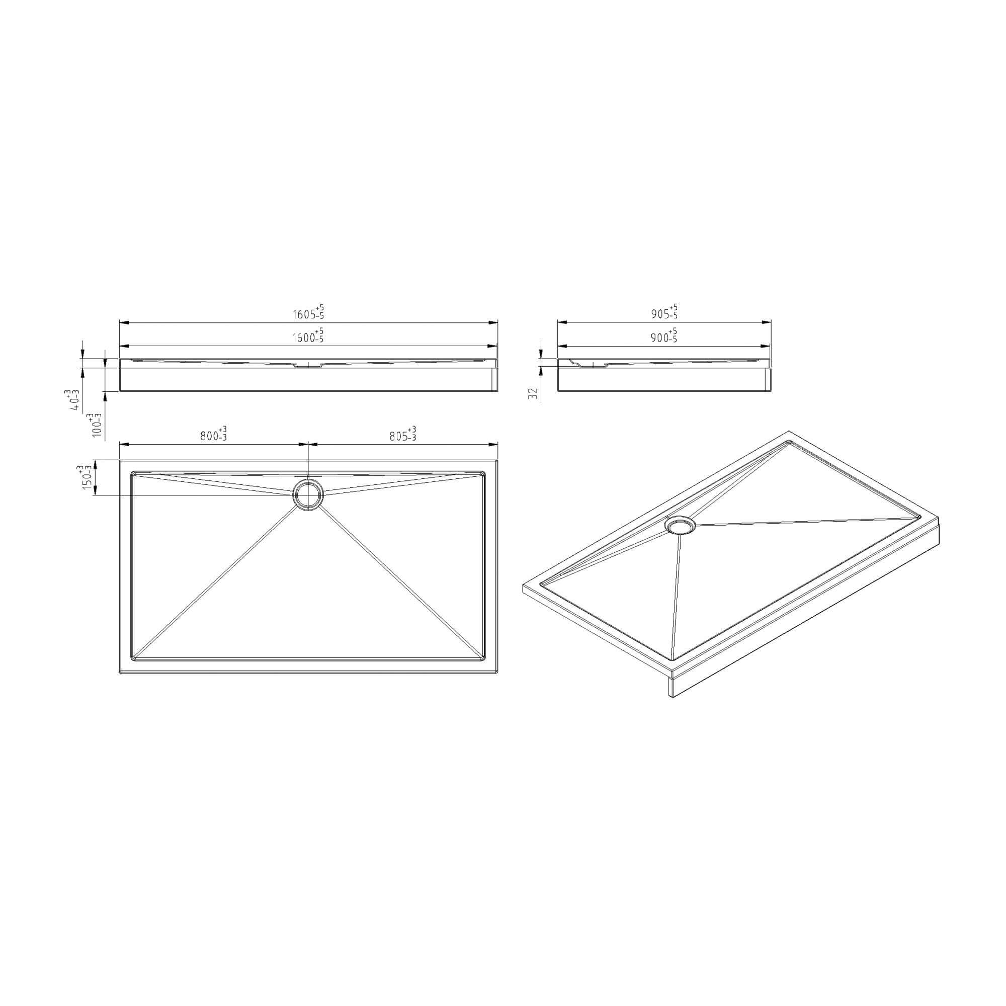 Acryl Douchebak Wiesbaden 160X90X4Cm in Witte Rechthoek met 90Mm Afvoer
