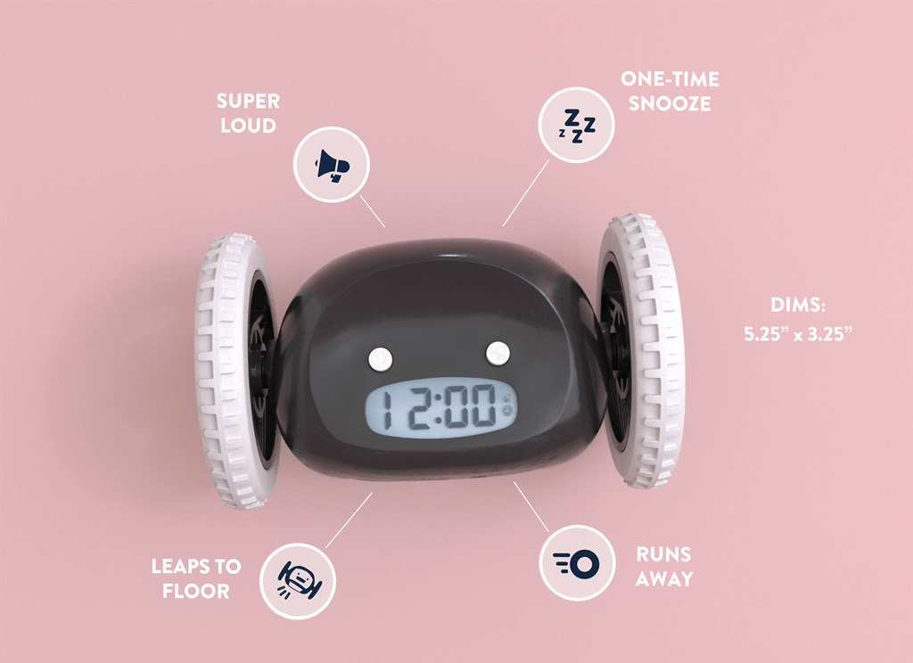 Clocky Black - Alarm clock on wheels - Goat Corp