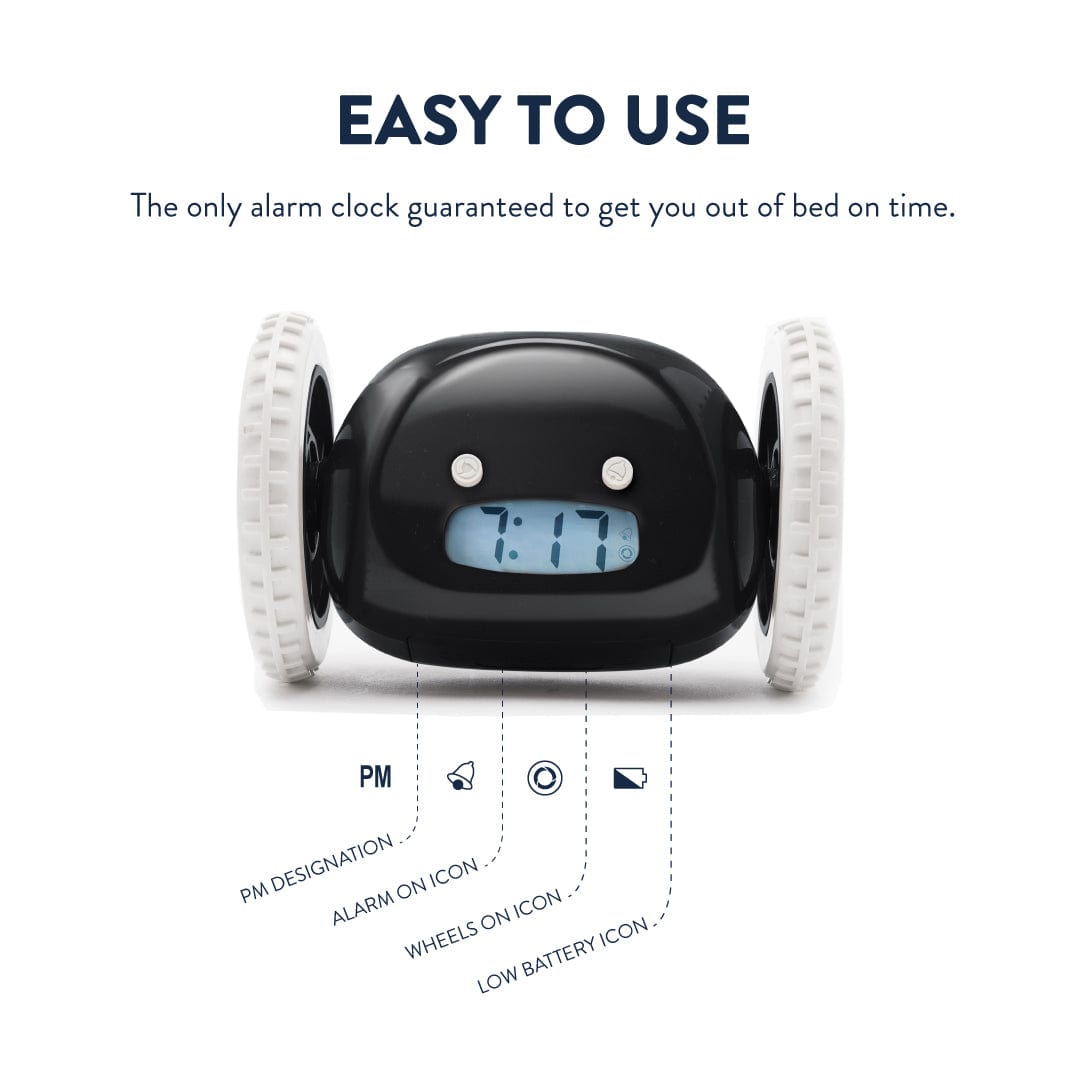 Clocky Black - Alarm clock on wheels - Goat Corp