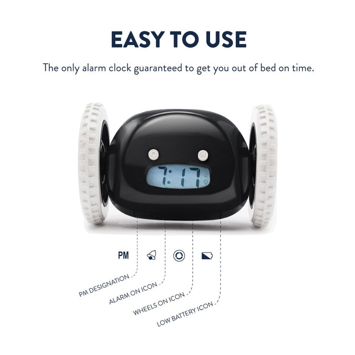 Clocky Black - Alarm clock on wheels - Goat Corp
