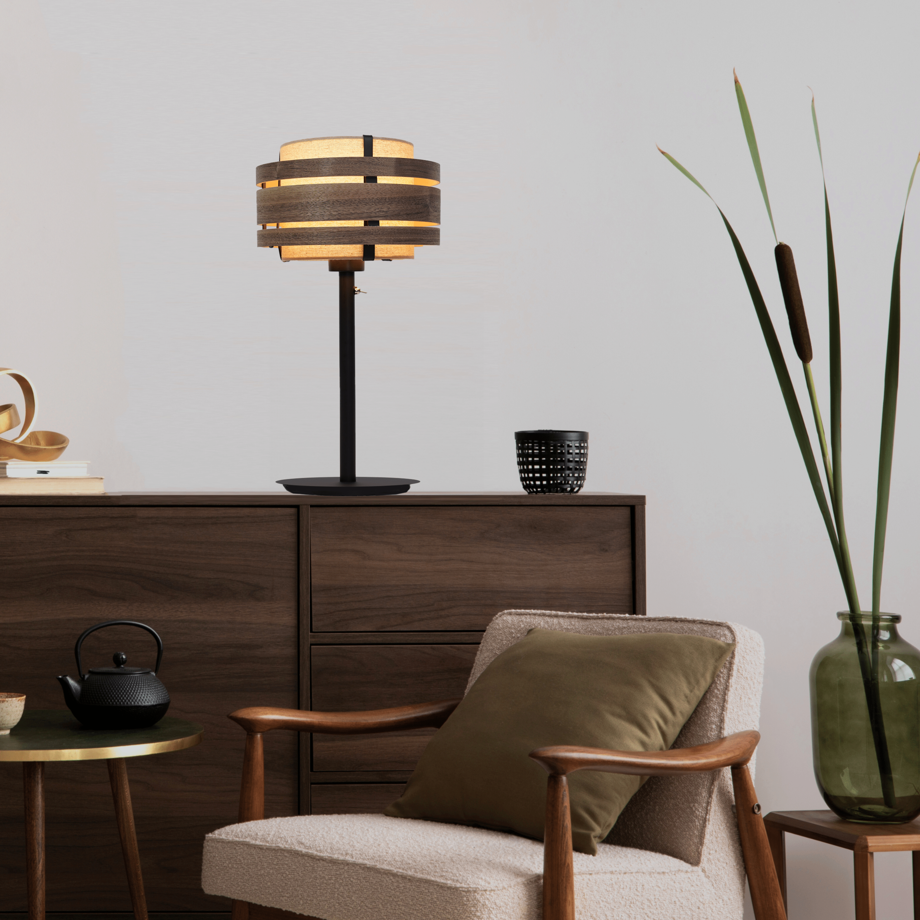 Lamp Shade - Wood (dark walnut veneer)-Fabric - 25 cm -  "Beam" - Goat Corp