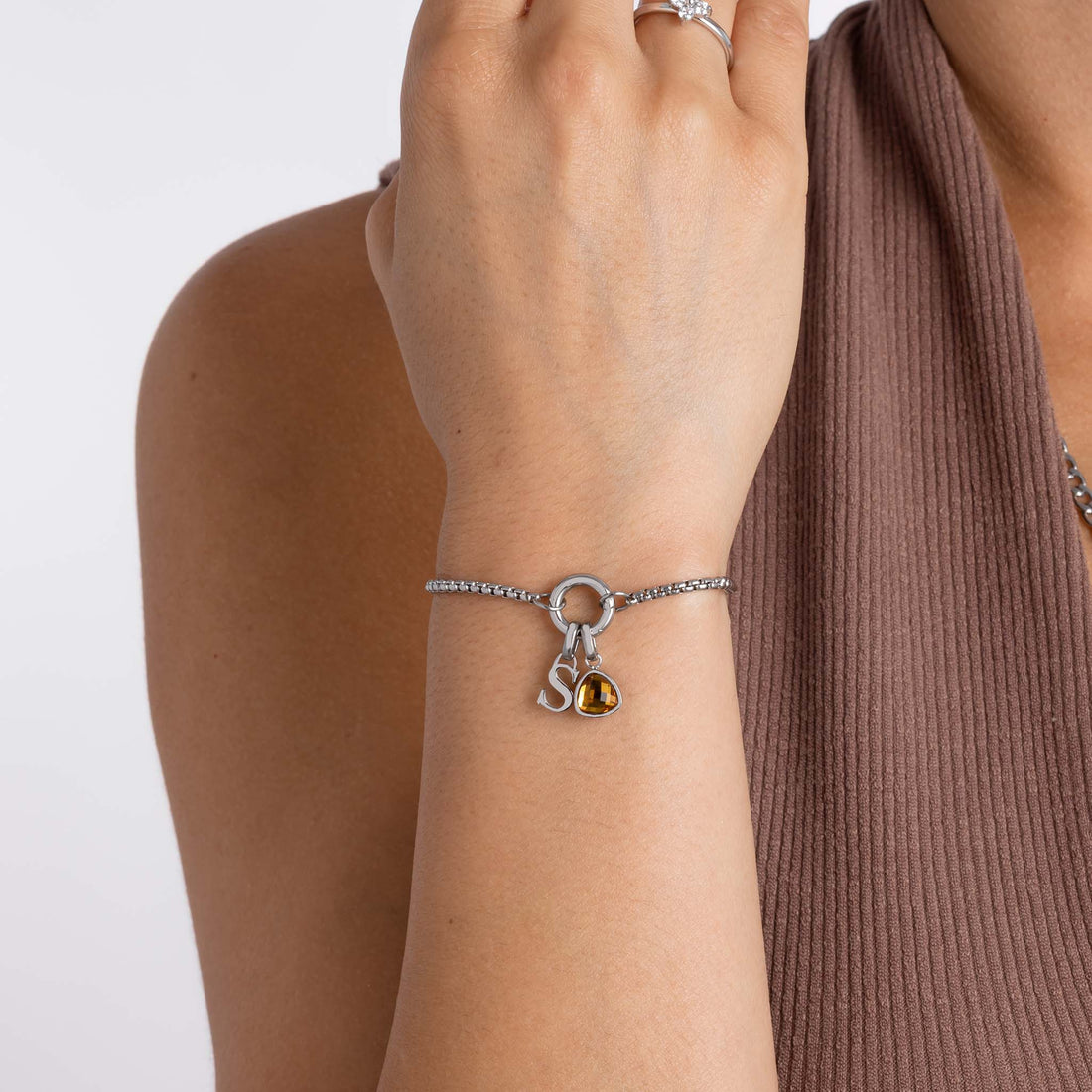 Adjustable Letter & birthstone bracelet silver