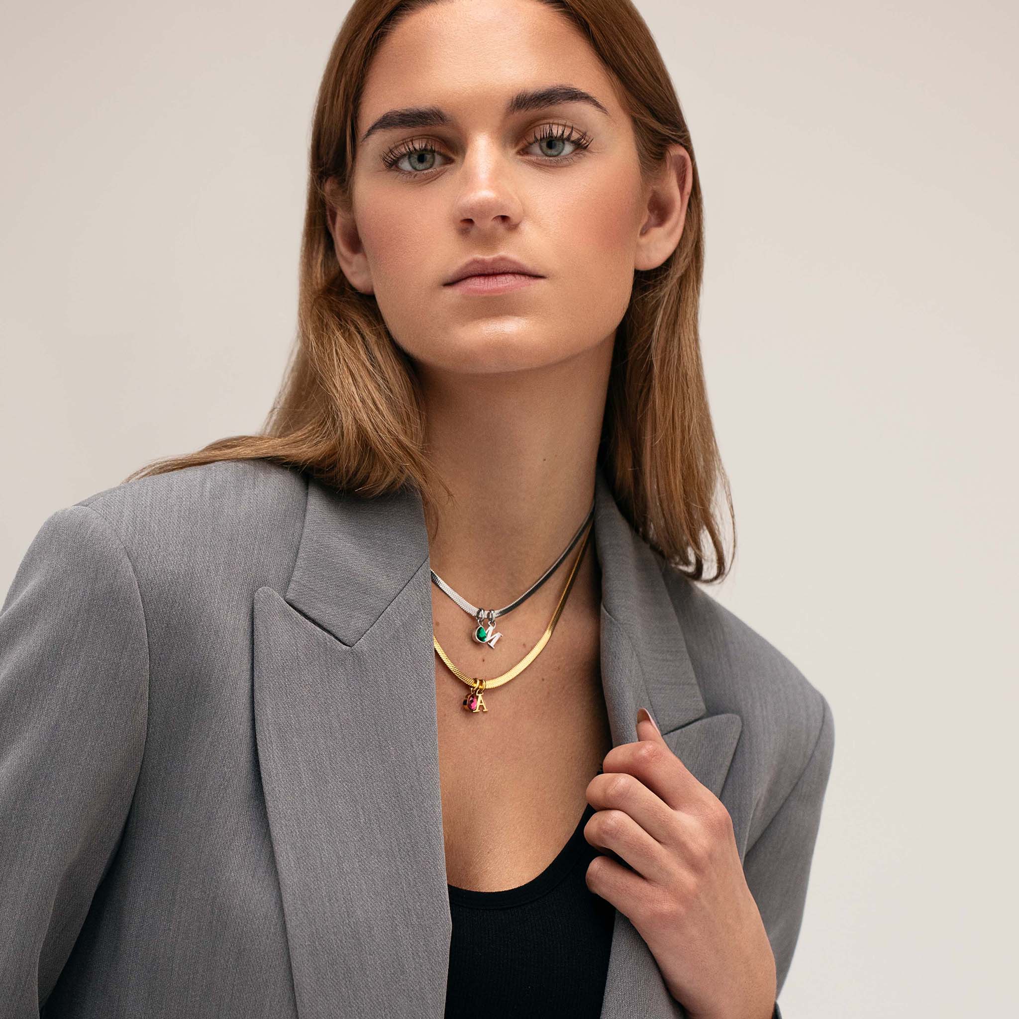 Letter & birthstone snake necklace gold