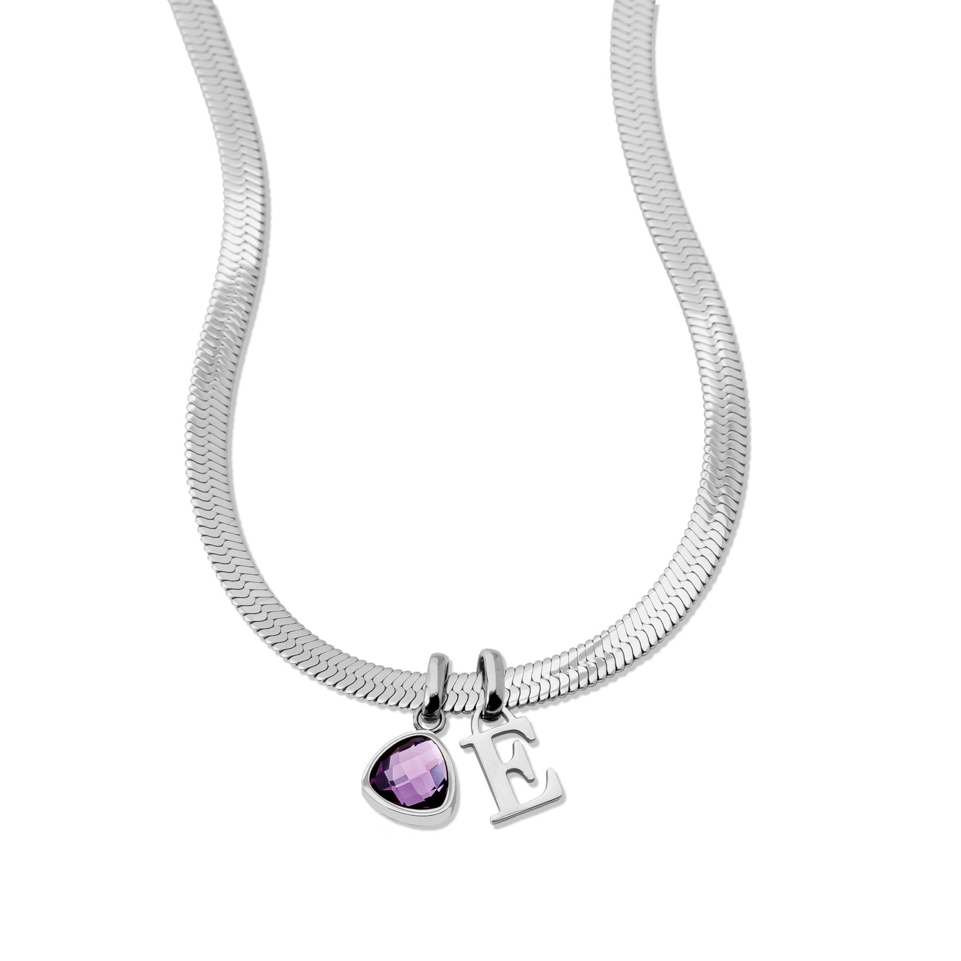 Letter & birthstone snake necklace silver