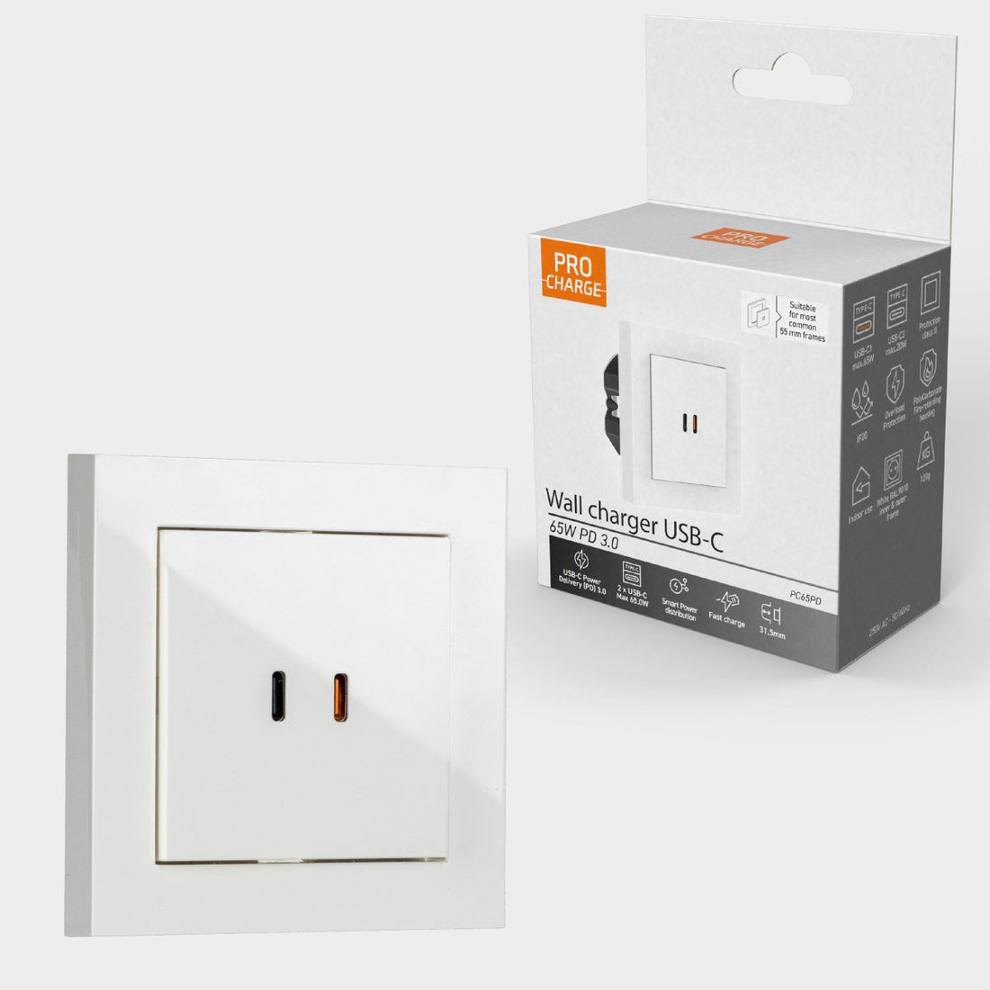 ProCharge USB-C inbouw wandcontactdoos stopcontact duo - 2 snelladers USB-C poorten - Universeel - Wit