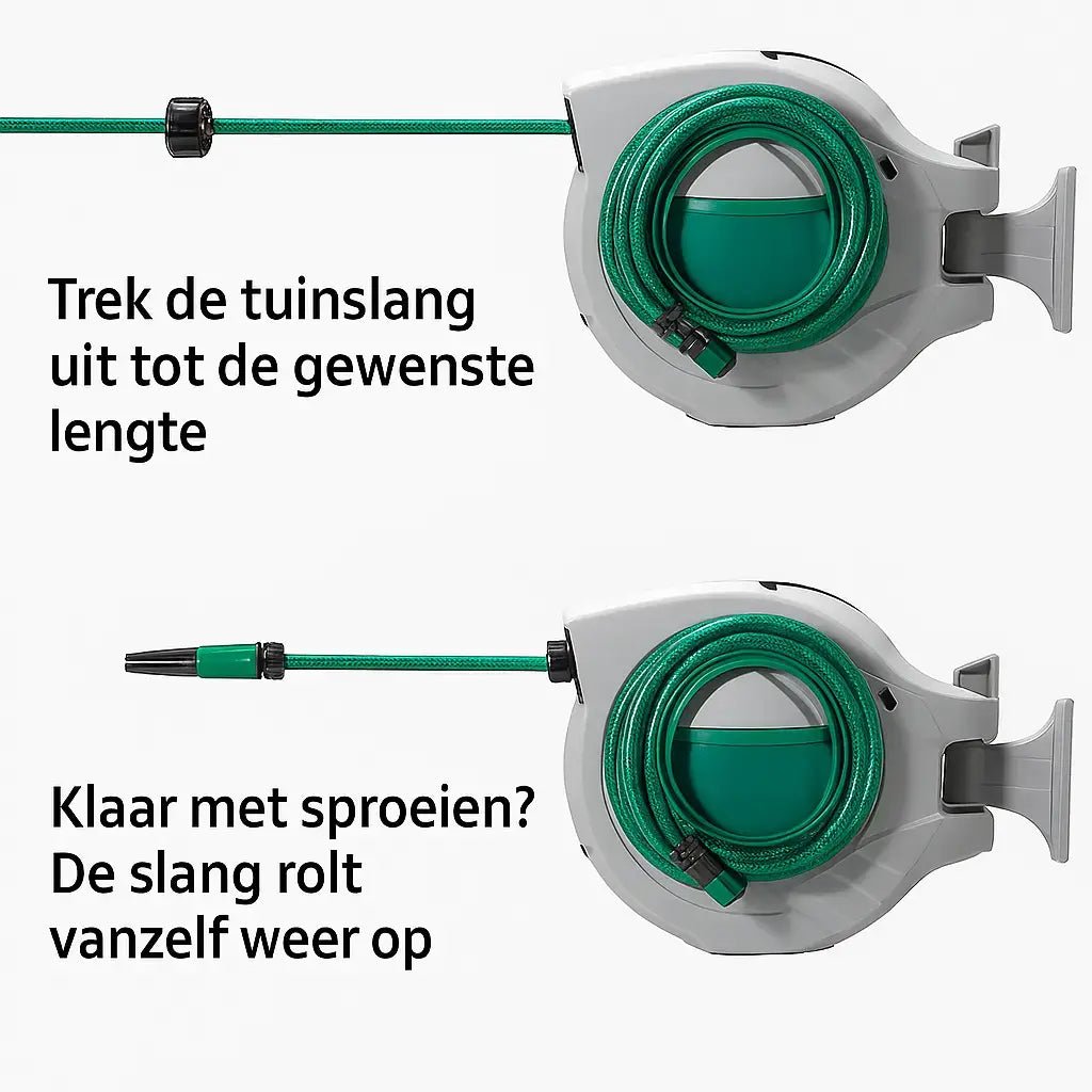 VOSCO® Automatische Tuinslanghaspel 20m – Draaibaar – Wandmontage – Incl. Sproeier – Tuin Bewatering